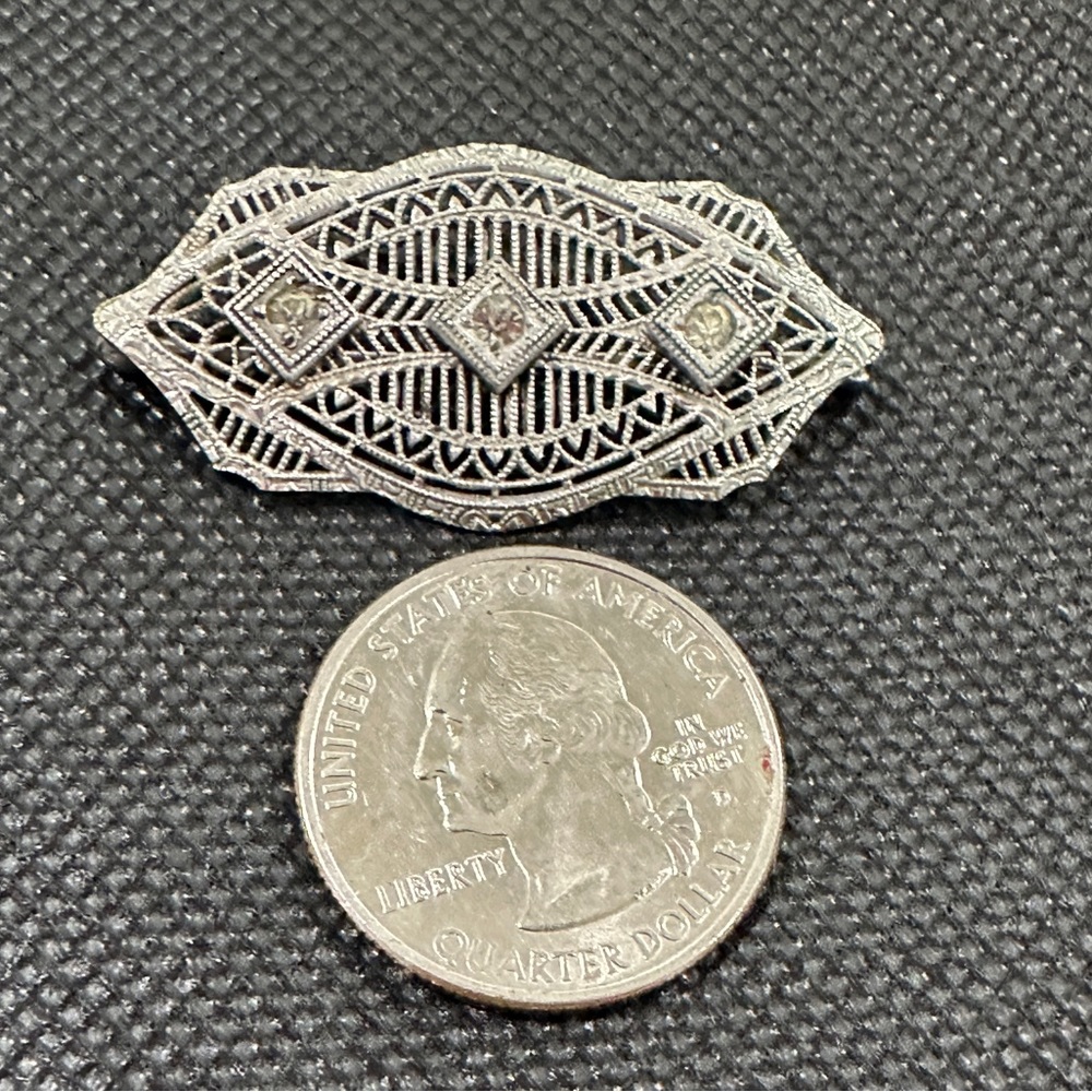 Vintage Silver Art Nouveau Bar Pin 30s Rhodium Plated w Faceted Stones
